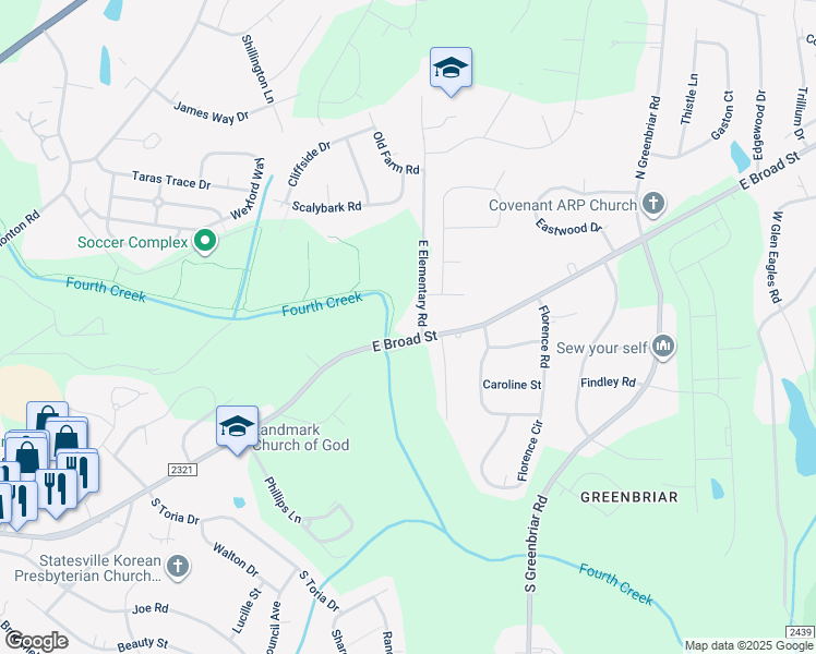map of restaurants, bars, coffee shops, grocery stores, and more near 2441 East Broad Street in Statesville