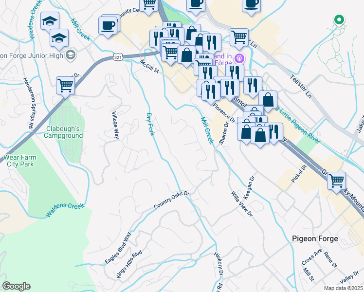 map of restaurants, bars, coffee shops, grocery stores, and more near 618 Sunnyview Drive in Sevierville