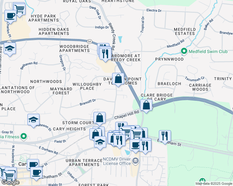 map of restaurants, bars, coffee shops, grocery stores, and more near 518 Reedy Creek Road in Cary