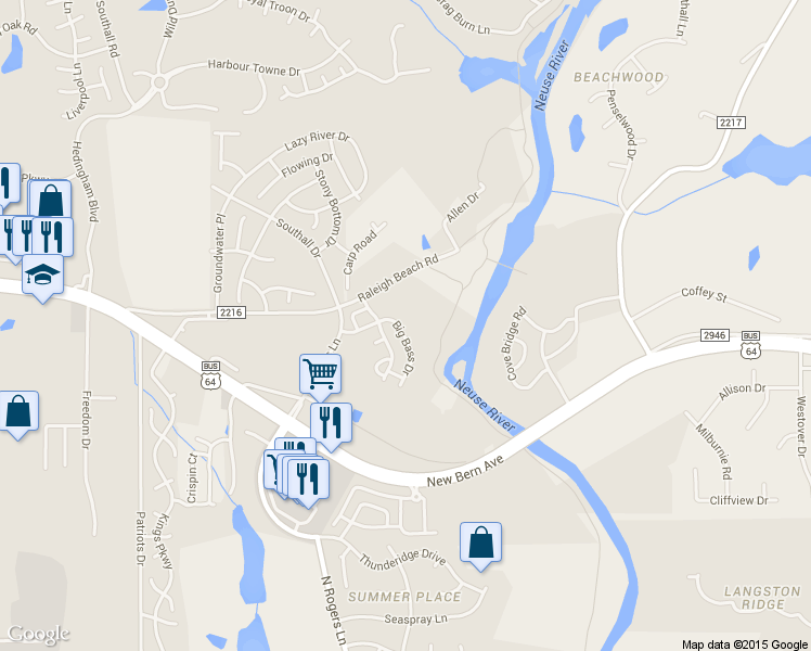 map of restaurants, bars, coffee shops, grocery stores, and more near 5313 Big Bass Drive in Raleigh