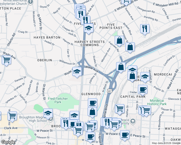 map of restaurants, bars, coffee shops, grocery stores, and more near 505 Wade Avenue in Raleigh