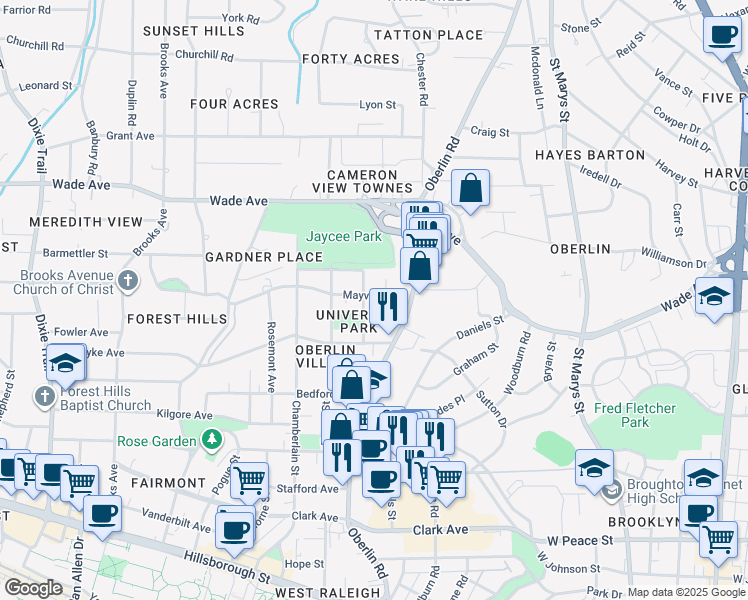 map of restaurants, bars, coffee shops, grocery stores, and more near 2148 Mayview Road in Raleigh