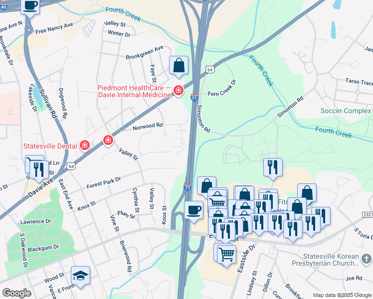 map of restaurants, bars, coffee shops, grocery stores, and more near 923 Barracuda Loop in Statesville