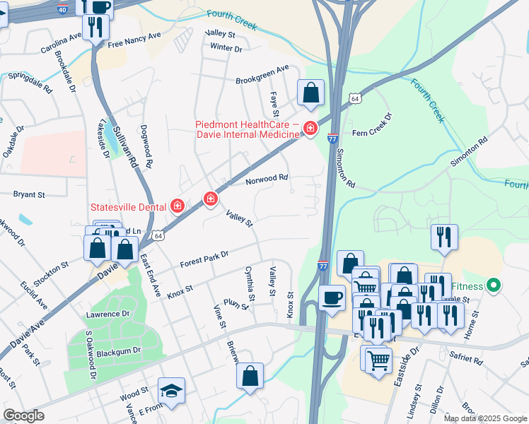 map of restaurants, bars, coffee shops, grocery stores, and more near 1500 Davie Avenue in Statesville