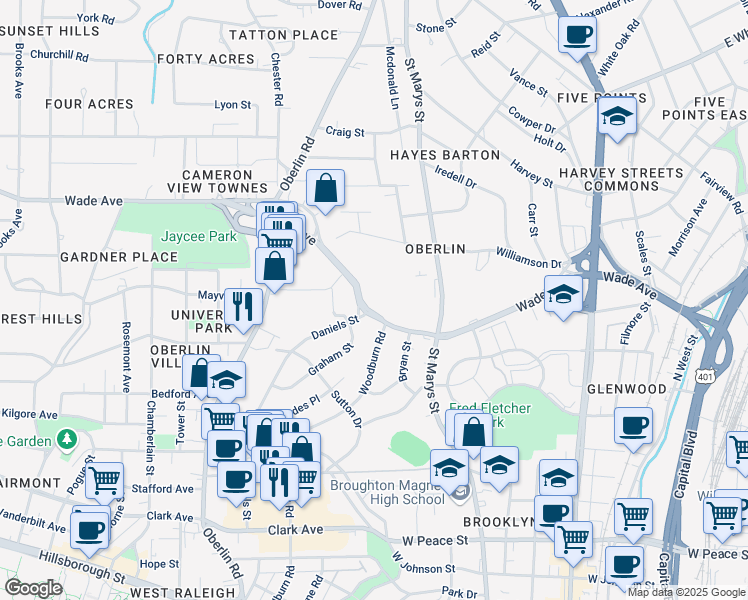 map of restaurants, bars, coffee shops, grocery stores, and more near 900 Wade Avenue in Raleigh