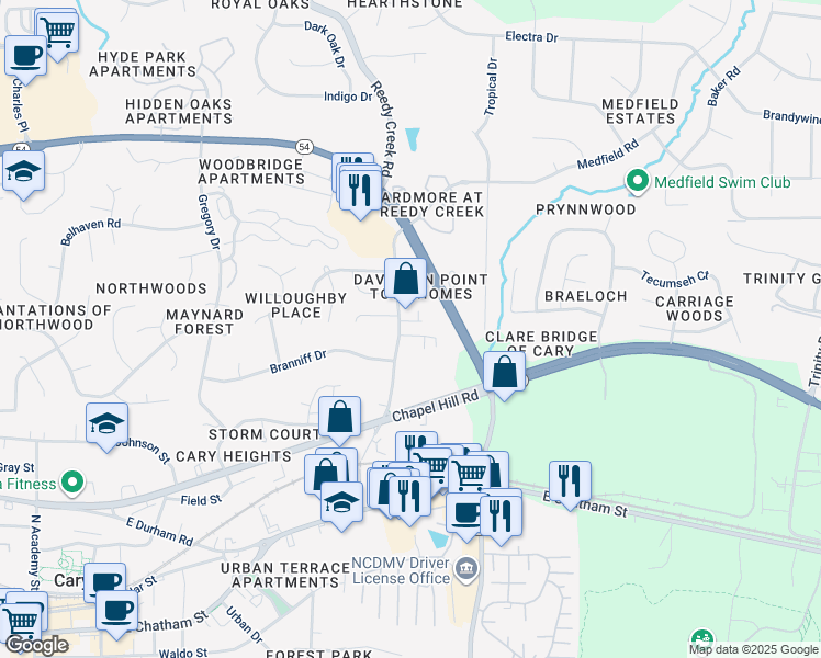 map of restaurants, bars, coffee shops, grocery stores, and more near 518 Reedy Creek Road in Cary