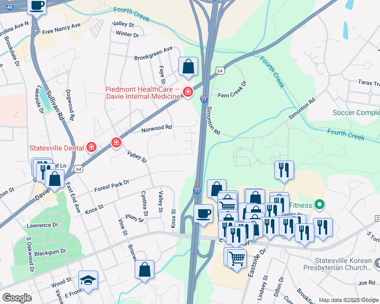 map of restaurants, bars, coffee shops, grocery stores, and more near 845 Impala Drive in Statesville