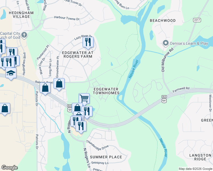 map of restaurants, bars, coffee shops, grocery stores, and more near 5313 Big Bass Drive in Raleigh