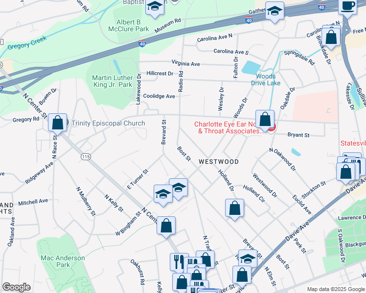 map of restaurants, bars, coffee shops, grocery stores, and more near 658 Bost Street in Statesville