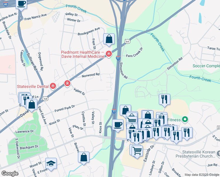 map of restaurants, bars, coffee shops, grocery stores, and more near 845 Impala Drive in Statesville