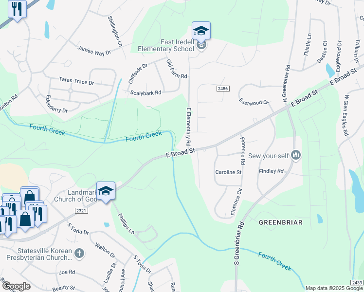 map of restaurants, bars, coffee shops, grocery stores, and more near 2441 East Broad Street in Statesville