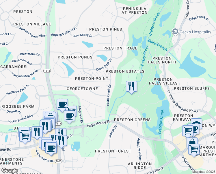 map of restaurants, bars, coffee shops, grocery stores, and more near 205 Bridle Creek Drive in Cary