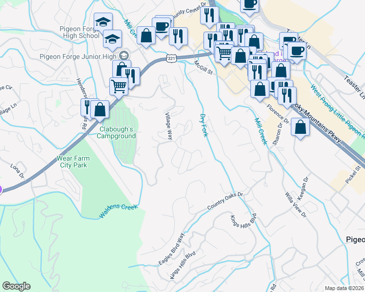 map of restaurants, bars, coffee shops, grocery stores, and more near 2801 Forrest Way in Pigeon Forge