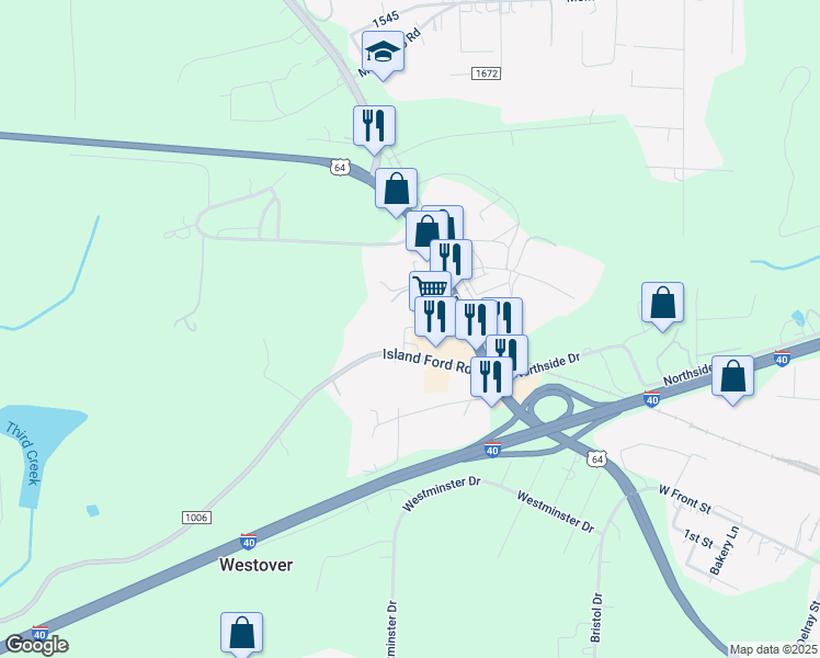 map of restaurants, bars, coffee shops, grocery stores, and more near 206 Island Ford Road in Statesville