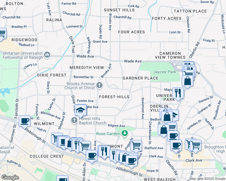 map of restaurants, bars, coffee shops, grocery stores, and more near 2705 North Mayview Road in Raleigh
