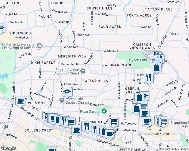 map of restaurants, bars, coffee shops, grocery stores, and more near 2705 North Mayview Road in Raleigh