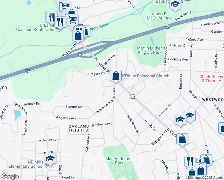 map of restaurants, bars, coffee shops, grocery stores, and more near 1006 The Glen Street in Statesville