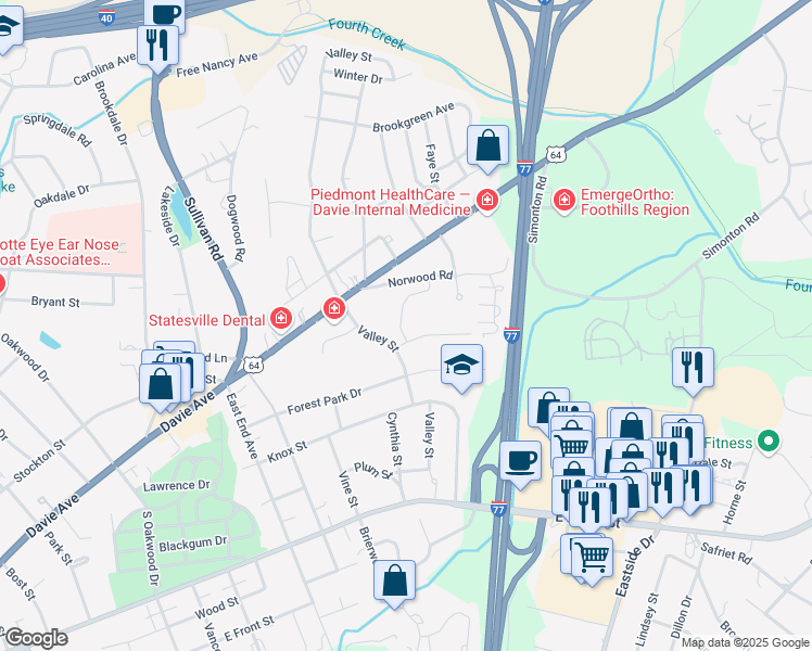 map of restaurants, bars, coffee shops, grocery stores, and more near 1500 Davie Avenue in Statesville
