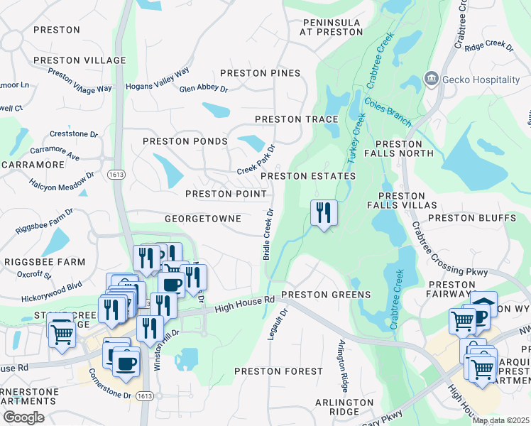 map of restaurants, bars, coffee shops, grocery stores, and more near 205 Bridle Creek Drive in Cary