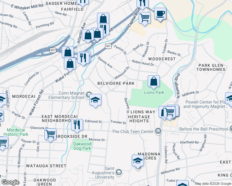 map of restaurants, bars, coffee shops, grocery stores, and more near in Raleigh