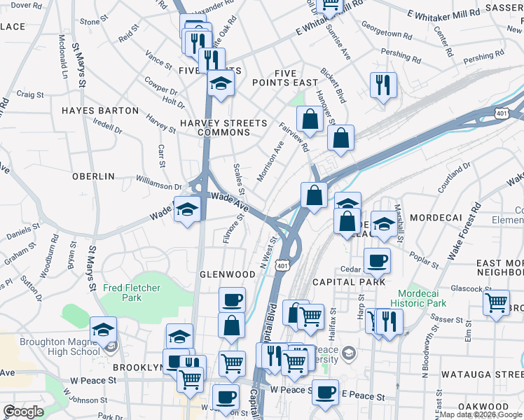 map of restaurants, bars, coffee shops, grocery stores, and more near 423 Bickett Boulevard in Raleigh