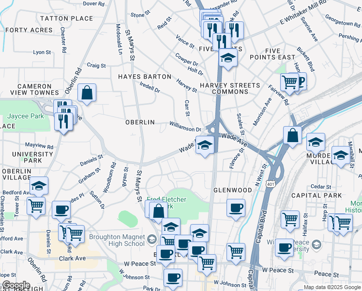 map of restaurants, bars, coffee shops, grocery stores, and more near 907 Williamson Drive in Raleigh