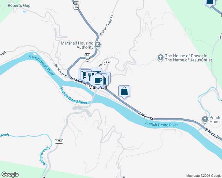 map of restaurants, bars, coffee shops, grocery stores, and more near 115 South Main Street in Marshall