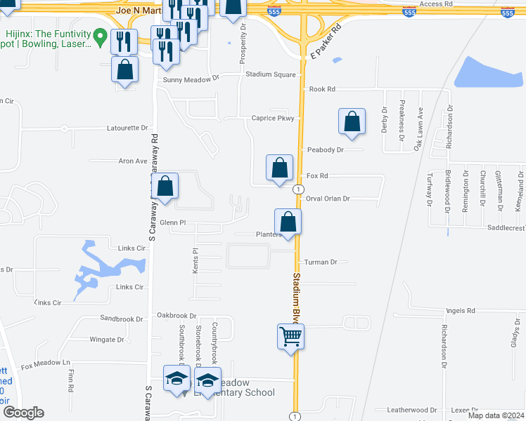 map of restaurants, bars, coffee shops, grocery stores, and more near 2640 Glenn Place in Jonesboro