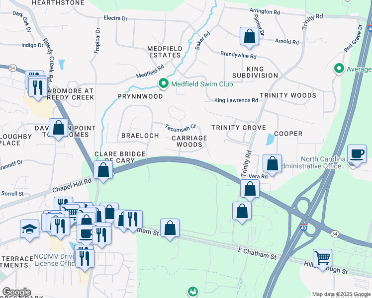 map of restaurants, bars, coffee shops, grocery stores, and more near 112 Minden Lane in Raleigh