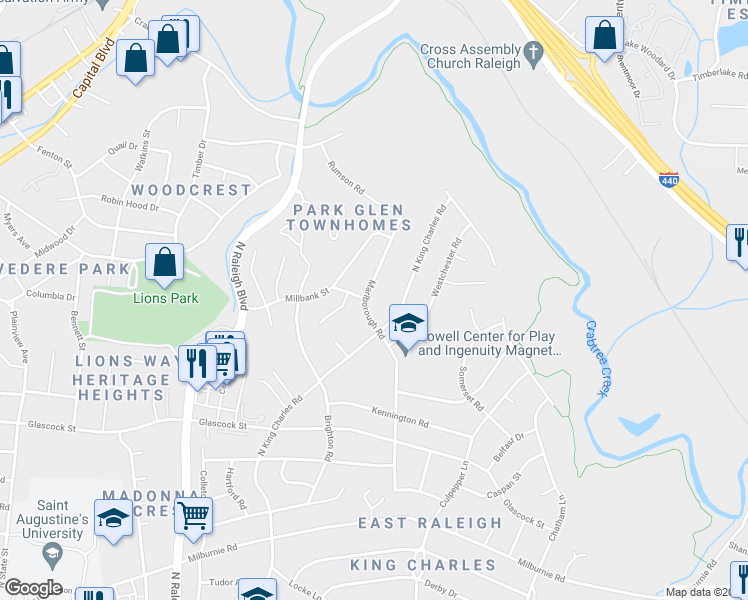 map of restaurants, bars, coffee shops, grocery stores, and more near 1300 Marlborough Road in Raleigh