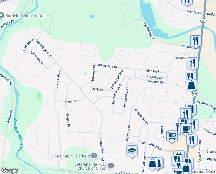 map of restaurants, bars, coffee shops, grocery stores, and more near 2743 Pepperdine Drive in Murfreesboro
