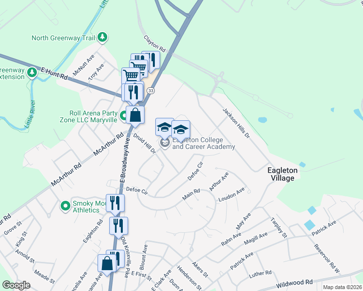 map of restaurants, bars, coffee shops, grocery stores, and more near 2610 Cinema Drive in Maryville