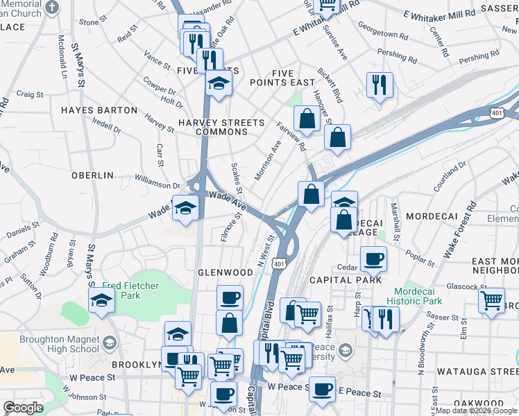 map of restaurants, bars, coffee shops, grocery stores, and more near 423 Bickett Boulevard in Raleigh