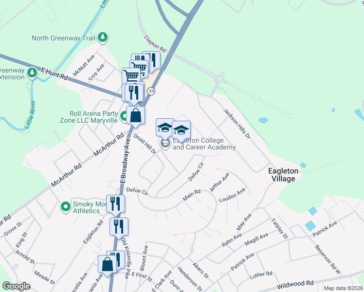 map of restaurants, bars, coffee shops, grocery stores, and more near 2610 Cinema Drive in Maryville