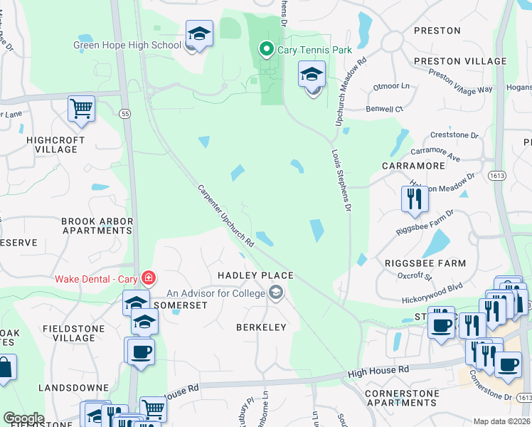 map of restaurants, bars, coffee shops, grocery stores, and more near 2132 Carpenter Upchurch Road in Cary