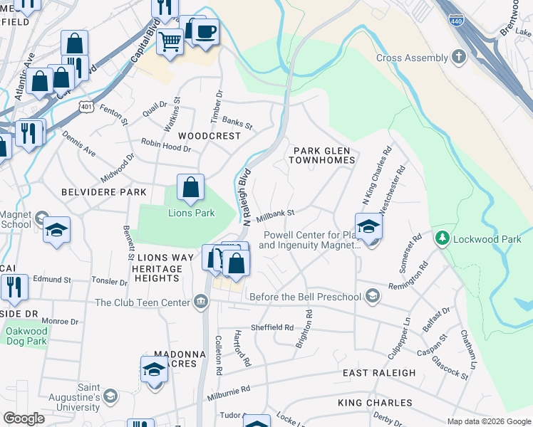 map of restaurants, bars, coffee shops, grocery stores, and more near 1206 Downing Road in Raleigh
