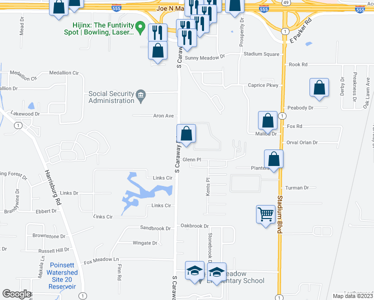 map of restaurants, bars, coffee shops, grocery stores, and more near 3800 South Caraway Road in Jonesboro