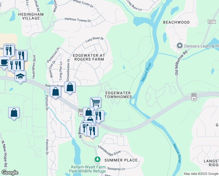 map of restaurants, bars, coffee shops, grocery stores, and more near 5227 Big Bass Drive in Raleigh