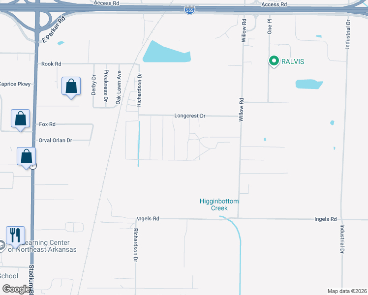 map of restaurants, bars, coffee shops, grocery stores, and more near 3509 Longcrest Drive in Jonesboro