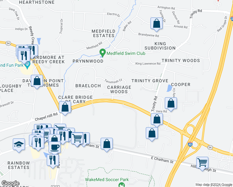 map of restaurants, bars, coffee shops, grocery stores, and more near 112 Minden Lane in Raleigh