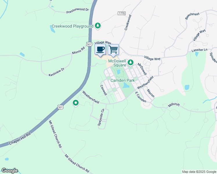map of restaurants, bars, coffee shops, grocery stores, and more near 24 Caswell in Fearrington