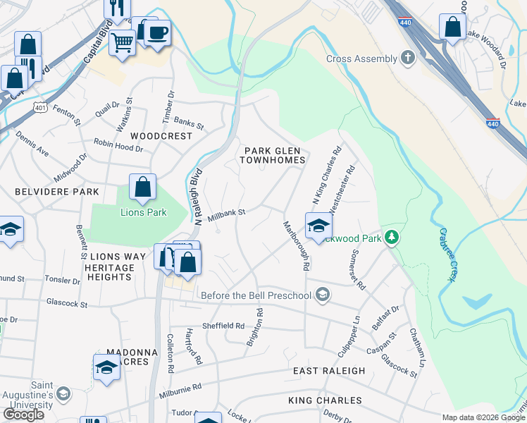 map of restaurants, bars, coffee shops, grocery stores, and more near 2311 Euston Street in Raleigh