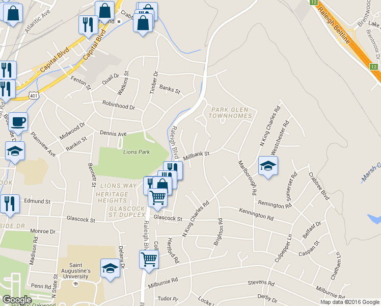 map of restaurants, bars, coffee shops, grocery stores, and more near 1206 Downing Road in Raleigh