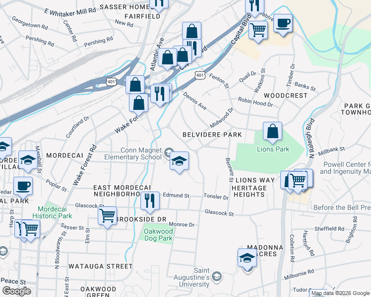 map of restaurants, bars, coffee shops, grocery stores, and more near 1702 Midwood Drive in Raleigh