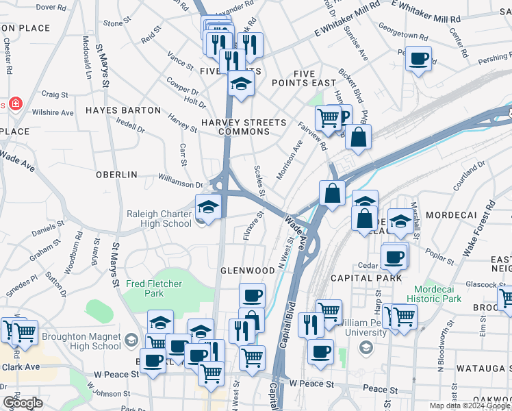 map of restaurants, bars, coffee shops, grocery stores, and more near 505 Wade Avenue in Raleigh