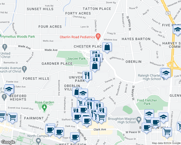 map of restaurants, bars, coffee shops, grocery stores, and more near 1027 Oberlin Road in Raleigh
