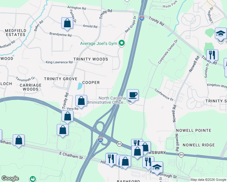 map of restaurants, bars, coffee shops, grocery stores, and more near 6013 Mullens Drive in Raleigh