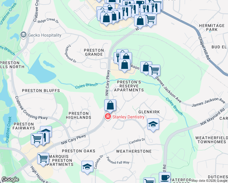 map of restaurants, bars, coffee shops, grocery stores, and more near 310 Berwick Valley Lane in Cary