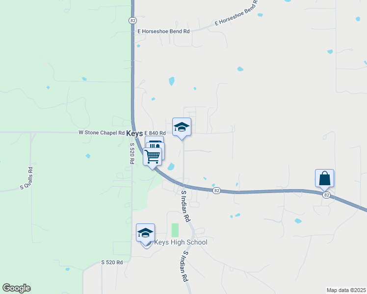 map of restaurants, bars, coffee shops, grocery stores, and more near 19061 East 840 Road in Park Hill