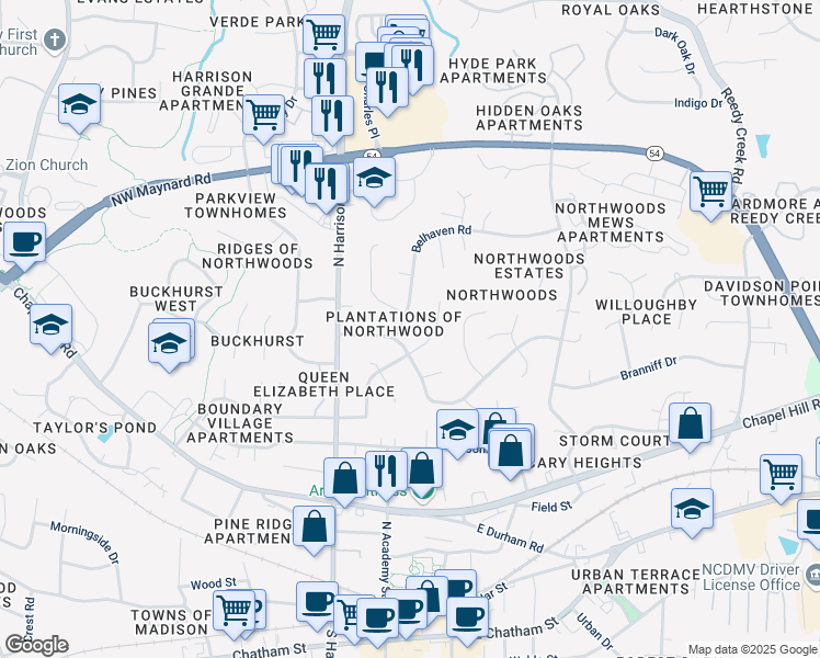 map of restaurants, bars, coffee shops, grocery stores, and more near 804 Belhaven Road in Cary